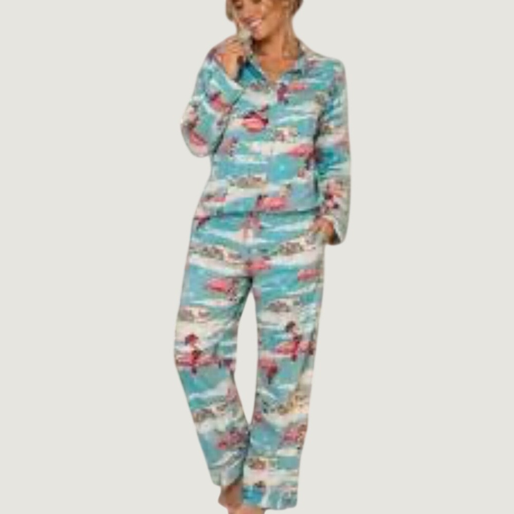Nick & Nora Womens M Pajama Set Turquoise Winter Flamingo Camper Cotton 2 Piece